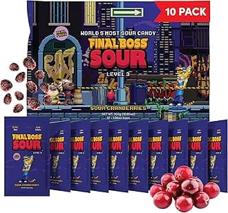 Final Boss Sour Candy, Sour Cranberries, 10 Pack, Level 3, Fruit Chews with Real Dried Fruit, No Artificial Colors or Flavors, Low Calorie Snack for Kids, Teens, Adults, Lunch Boxes