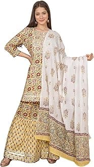 MEERA FABGrey Cotton Festive Embrodriery Printed Kurta Sharara Dupatta for Women