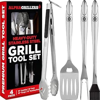 Alpha Grillers Grill Set Heavy Duty BBQ Accessories - BBQ Gifts Tool Set 4pc Grill Accessories with Spatula, Fork, Brush & BBQ Tongs - Grilling Cooking Gifts for Men Dad Durable, Stainless Steel