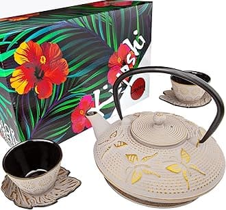 7PC Japanese Tea Set. "Sand Color" Cast Iron Tea Pot with 2 Tea Cups, 2 Saucers, Tea Infuser and Teapot Trivet. Ceremonial Matcha Accessories