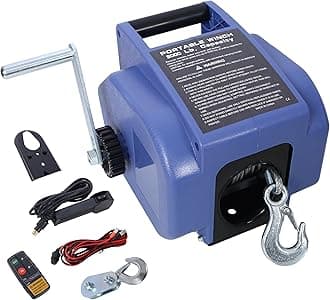 12v Trailer Winch,Reversible Electric Winch, for Boats Up to 5000 Lbs,with Galvanized Wire Rope,with Extra Pulley Hook,Power in and Power Out,with Manual Function (Blue-5000 lbs)