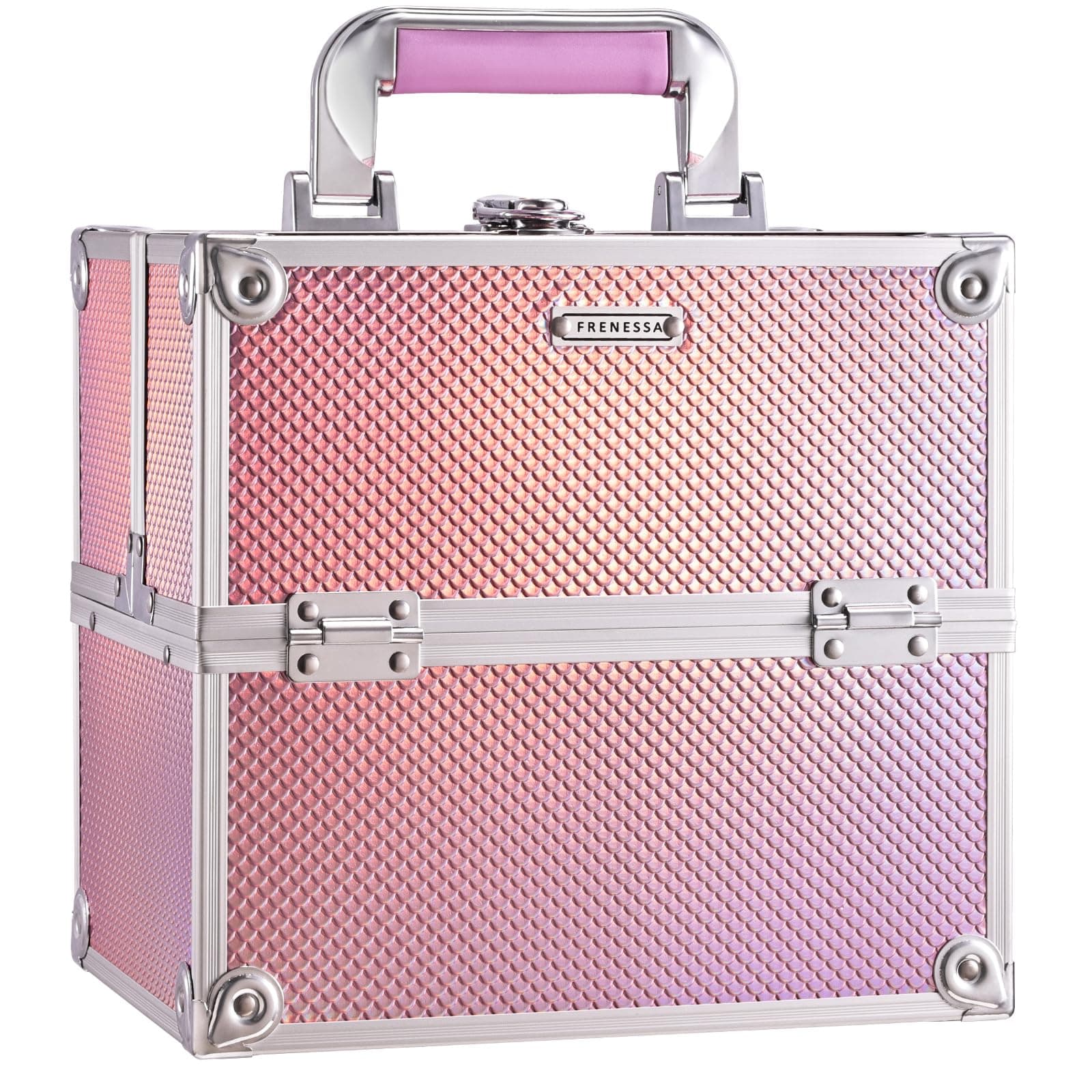 Frenessa Makeup Case Makeup Box Cosmetic Organizer Case Portable Make Up Artist Travel Case Storage Box 4 Trays with Dividers Lockable Hard Train Case Nail Tech Supply Storage Mermaid Pink