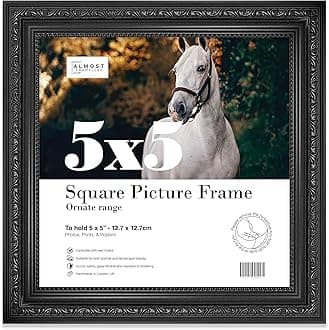 5x5 Black Ornate Picture Frame 5"x5" (12.7x12.7cm) Poster, Photo, Artwork, or Print. Antique Style Portrait and Landscape Display with Wall Hooks