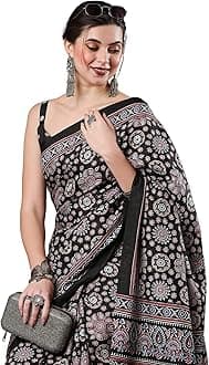 AKHILAM Women's Ajrak Block Print Dola Silk Saree With Unstitched Blouse Piece