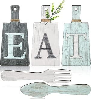 Jetec Wooden Kitchen Wall Decor Set Hanging Art Eat Sign Set (Gray, White, Blue) - 5 Piece Cutting Board & Fork Spoon Wall Decor