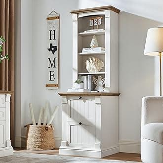 OKD Farmhouse Storage Bookcase，72" Tall Bookcase with 4-Tier Open Adjustable Shelves，Wooden Freestanding Bookshelf Storage Organizer for Home Office, Living Room，2 Drawers，Antique White