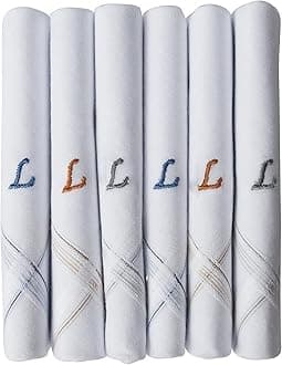 Caruso Italy Men's Initial Monogram Embroidery 100% Pure Cotton Handkerchief White Base With Colored Border - Pack Of 6