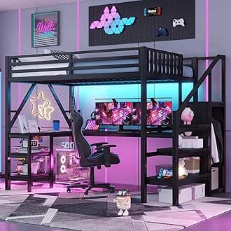 Full Size Loft Bed with Desk and Stairs, Gaming Loft Beds with RGB LED Light and Storage, Heavy-duty Metal Loft Bed Frame with Wardrobe, Shelves and Charging Station for Adults Kids Teens, Black