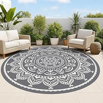 Bsmathom Waterproof Outdoor Rug 8ft Round Reversible Boho Plastic Straw Patio Deck Camping Rugs, Indoor Outdoor Portable RV Mat Carpet for Outside, Porch, Balcony, Backyard, Beach, Pool, Grey