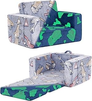 Tiita Kids Chair Couch, Folding Toddler Comfy Sofa Chairs, 2-in-1 Kids Plush Sofa Fold Out, Baby Armrest Chair to Lounger, Convertible Play Sofas to Bed for Girl or Boy, Vehicles