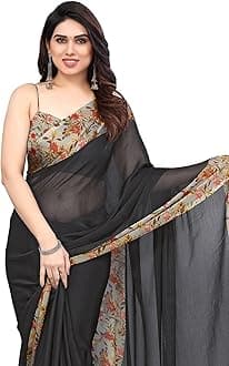 MIRCHI FASHION Women's Chiffon Ajrakh Border Pallu Pririnted Solid Saree with Blouse Piece