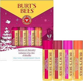 Burt's Bees Christmas Gifts, 4 Lip Balms Stocking Stuffers Products, Beeswax Bounty Fruit Mix - Watermelon, Pomegranate, Dragonfruit Lemon & Sweet Peach (4-Pack)