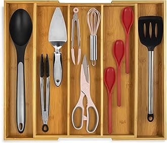 - Purawood Kitchen Drawer Organizer - Expandable Utensil Drawer Organizer for Kitchen, Cutlery Tray & Silverware Organizer, 3-5 Slots - Bamboo Organizer for Utensils & Flatware (Natural)