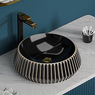 BASSINO 16x16x5.5 Inches Ceramic Table Top Wash Basin/10 Years Warranty/Black & Beige Basin for Bathroom/Round Shape Countertop Washbasin for Restaurant/Dining Hall/Living Room/Hotel(Glossy Finish)