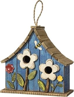 Glitzhome Hanging Birdhouses for Outdoors, 10.75" L Distressed Solid Wood Birdhouse Bird Nesting Box with 3D Flowers Rustic Hand-Painted Bird Houses for Outside