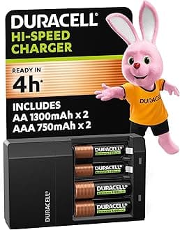 DURACELL Hi-Speed Battery Charger, 4 hours, Compatible with AA and AAA NiMh Batteries, 2x AA 1300mAh and 2x AAA 750 mAh, Rechargeable Batteries Included