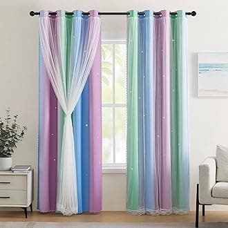 XiDi Blue & Rainbow Curtains for Kids & Girl Rooms - Blackout, Purple & Green 34x72 Inch Long 1 Panel with Unicorn Wall Decals