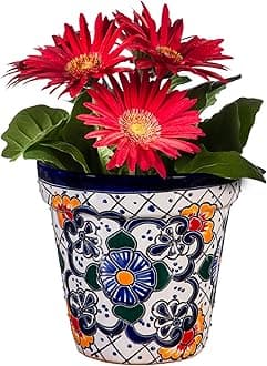 Evergreen Garden Talavera Mexican Pottery Ceramic Talavera White Vase Planter | Flower Pot Plant Succulent | Indoor Outdoor (8 inch)