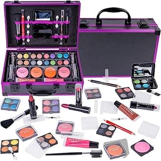 SHANY Carry All Make up Train Case with Pro Makeup Set, Beauty Brushes, Lipsticks, Eye Shadows, Blushes, Powders, and more - Reusable Cosmetics Storage Organizer - Premium Gift Packaging - Purple