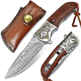 Damascus Pocket Knife with Clip, Folding Knives with VG10 Damascus Steel Blade, Wooden Handle, Foldable EDC Knifes for Outdoor Survival Collection Gift