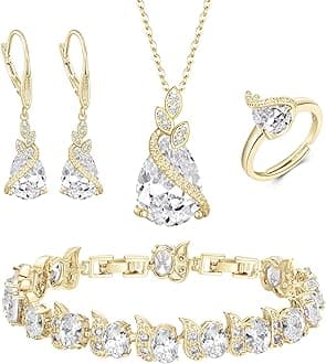 Jewelry Set for Bride, Sparkling Water Drop Cubic Zirconia Crystal Pendant Necklace Leverback Earrings Tennis Bracelet Adjustable Ring Gift for Wedding/Birthday/Mother's Day/Christmas