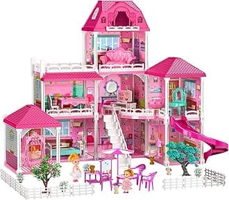 TEMI Villa Toys for 3-8 Years Old Girls - 3 Storeys 8 Rooms, Indoor Playset with 2 Dolls, Furniture and Accessories, Pretend Play, Building Toys, Gifts