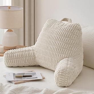 Blissful Diary Reading Pillow, Backrest Pillow with Shredded Memory Foam for Adult & Children, Designed for Bed and Couch Sitting Up, Includes Arms, Pockets and Washable Cover, Off White