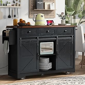 Portable Kitchen Island Cart with Drop Leaf, Power Outlet, Rolling Farmhouse Kitchen Carts on Wheels with Storage Drawers, Spice Rack, Towel Holder, 2 Sliding doors&Adjustable Shelves (Black)