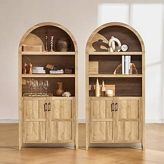 mopio Lauren 77.4" Tall Arched Cabinet, 5-Tier Arched Bookcase with Doors and Adjustable Shelves, Arch Bookshelf with Storage, Wooden Storage Cabinet for Living Room and Kitchen Pantry (Set of 2, Oak)