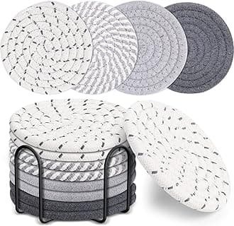Mckanti 8 Pcs Drink Coasters with Holder, 4 Colors Absorbent Coasters, Minimalist Cotton Woven Coaster Set for Living Room Decor, Tabletop Protection Suitable for Kinds of Cups, 4.3 Inches