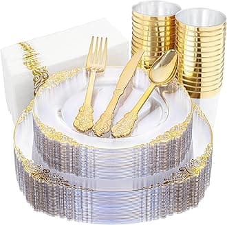 Nervure 175PCS Clear Gold Plastic Plates - Gold Disposable Dinnerware Set for 25 Guests Include 50 Disposable Plates, 75 Plastic Silverware, 25 Cups, 25 Napkins for Wedding & Party & Thanksgiving