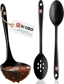 DI ORO Silicone Ladle & Spoons for Cooking – Large Kitchen Spoons for Mixing, Serving, & Stirring - Soup Ladle with Wide Bowl - High Heat Silicone Kitchen Utensils for Nonstick Cookware Safe (Black)
