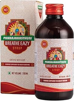 Pankajakasthuri Breathe Eazy Syrup Ayurvedic For Cough & Cold, Sinus, Asthma, Bronchitis & Breathing Disorders | Natural Immunity Booster | Unique Blend of 17 Ayurvedic Herbs - 200ml
