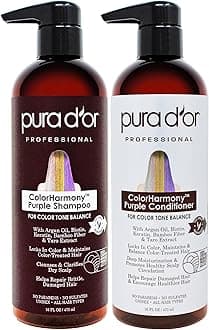 PURA D'OR ColorHarmony Purple Shampoo & Conditioner Biotin Set (16oz x 2) For Bleached, Blonde, Silver & Color Treated Hair - Keratin, Bamboo Fiber, No Sulfates, Natural Ingredients - Men & Women