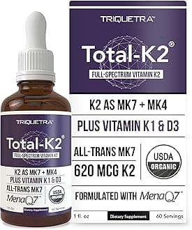 - Total K2® | Vitamin K2 as MK7 & MK4 | Plus K1 & Vitamin D3 Cofactor - 620 mcg K2 per Serving - All-Trans MK7 from MenaQ7® - Full-Spectrum Vitamin K - Vegan, Organic Certified (Liquid 1 oz)