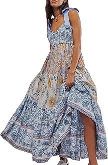 FEORJGP Womens Summer Boho Low Cut Backless Bodycon Midi Dress