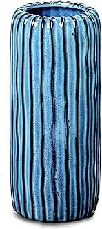 Indigo Fluted Vertical Vase, Artisan Crafted, Hand Glazed, Shades of Blue, Porcelain, Rustic Modern Style, 4 Diameter x 9 1/2 Inches Tall