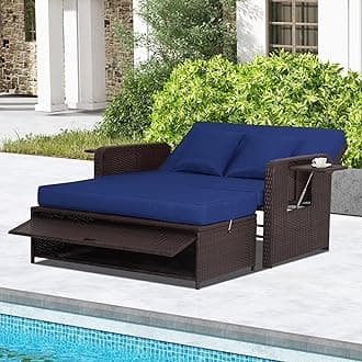 Nightcore Wicker Patio Outdoor Daybed, Outdoor Chaise Lounger w/ 4-Level Adjustable Backrest, Retractable Side Trays, Storage Ottoman, Comfortable & Removable Cushions, Rattan Loveseat (Navy)