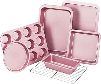 KITESSENSU Baking Pans Sets, Nonstick Bakeware Sets 7-Piece with Round/Square Cake Pan, Loaf Pan, Muffin Pan, Cookie Sheet, Roast Pan, Cooling Rack, Carbon Steel Bake Set Pink