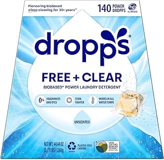 (Unscented/Dye Free, 140 Count) - Dropps HE Stain & Odour Laundry Detergent Pacs, Unscented and Dye-Free, 140 Loads