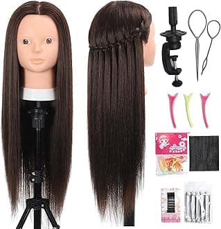 26 Inch Mannequin Head 80% Real Human Hair Styling Mannequin Doll Head Human Hair for Hairdresser Practice Hair and Makeup With Free Clamp (#4 No Makeup)
