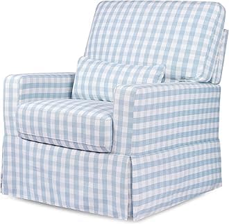 Namesake Crawford Pillowback Comfort Swivel Glider in Blue Gingham, Greenguard Gold & CertiPUR-US Certified
