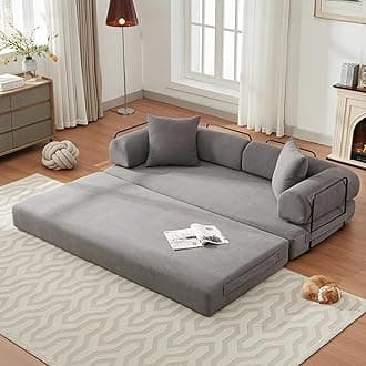 Convertible Sleeper Sofa Bed with Cylindrical Pillow, Corduroy Folding Mattress Couch with Fixed-Shape Frame, Floor Sofa Lounge Couch for Living Room Bedroom Lounge Studio-Grey