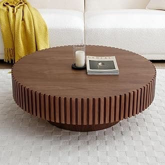 31" Round Coffee Table for Living Room, Mid Century Modern Coffee Table with Sturdy Pedestal, Circle Center Table Accent Tea Table for Apartment Walnut