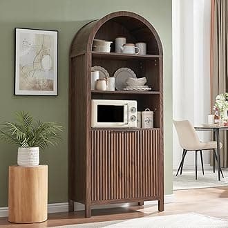 Arched Cabinet Bookshelf Bookcase - 71” Tall Mid Century Arched Display Cabinets, Rounded Bookshelf with Fluted Doors, Open Shelf Storage Cabinet for Dining Room (Walnut)