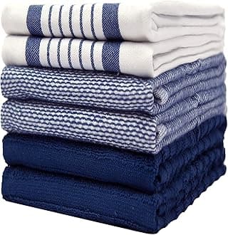 Premium Kitchen Towels (20”x 28”, 6 Pack) – Large Cotton Kitchen Hand Towels – Striped Flat & Terry Towel – Highly Absorbent Tea Towels Set with Hanging Loop – Navy Blue