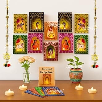 Divyakosh Deep Dwar (Pack of 12) with LED Candles and Ganeshji Hangings (2 Pcs), Jharokha Style Wall & Home Decor for Diwali Decoration, Festive Decor, Wall Decor