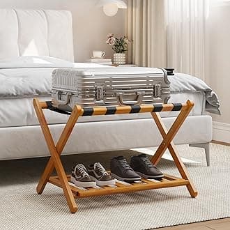 Fully Assembled Bamboo Luggage Racks, Foldable Suitcase Stand with 5 Nylon Straps, Luggage Stand with Shoe Shelf Ideal for Guest Room, Bedroom, Hotel, Honey Oak
