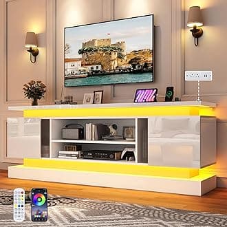 71in Led TV Stands w/Power Outlet for 85/80/75 Inch TV,High Glossy Modern TV Console Gaming Entertainment Center with 2 Storage Cabinets,Dual LED Lights，White