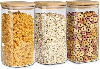 ComSaf Airtight Glass Storage Canister with Wood Lid (1.6 Qt), Clear Food Storage Container Jar with Sealing Lids for Oat Pasta Flour Cereal Rice Sugar Tea Coffee Beans, Set of 3 Square Cookie Jar